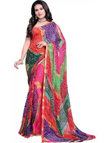 Saree for women printed chundri-bandhej chiffon  (multicolor),fancy,designer,party wear (f)