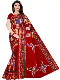 Printed hand batik pure cotton saree  (red),fancy,designer,party wear (f)