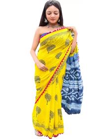 Blocked printed handloom pure cotton saree ,fancy,simple designer,party wear (f)