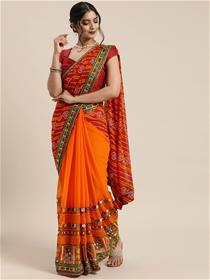Chundri saree for women red &orange pure georgette embroidered dress,fancy,partywear(m)