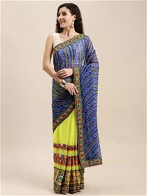 Blue & yellow pure georgette chundri-bhandhej printed saree,fancy,party wear (f)