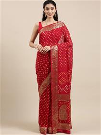 Red & gold-toned chundri-bandhej zari silk blend saree,fancy,party wear (m)