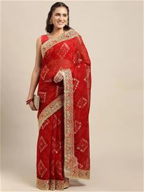 Red & golden sequinned chundri-bandhej saree,designer,fancy,party wear(m)