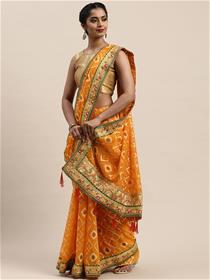 Yellow & golden printed chundri-bandhej saree,fancy,designer,party wear (m)