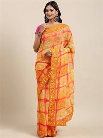 Yellow bandhani mirror work chundri-bandhej saree,fancy,designer,party wear(m)