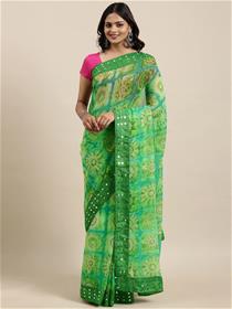 Chundri saree for women green bandhani mirror work dress,fancy,designer,party wear (m)
