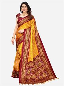 Yellow & brown bandhani zari chundri-bandhej saree,fancy,designer,party wear (m)