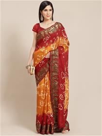 Orange & red bandhani printed saree,fancy,designer,party wear(m)