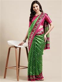 Green & fuchsia bandhani silk blend chundri-bandhej saree,fancy.party wear(m)