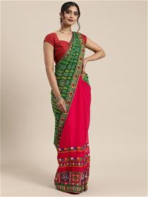 Green & pink pure georgette embroidered chundri-bandhej saree,fancy,partywear(m)