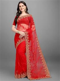 Embroidered fashion net saree  (red),fancy,designer,party wear (f)