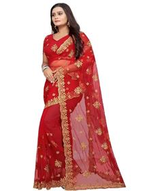 Embroidered fashion net saree  (red),fancy,designer,party wear (f)