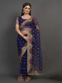 Embroidered fashion net saree  (blue),fancy,designer,party wear (f)