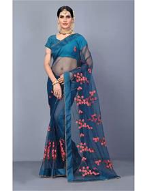 Printed fashion net saree  (blue),fancy,designer,party wear(f)