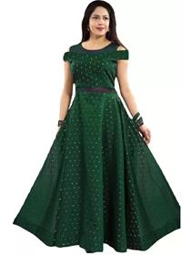 Gown for women solid poly silk stitched flared/a-line gown(green),fancy,designer,party wear (f)