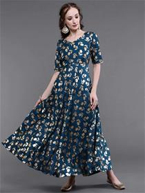 Gown for women blue floral maxi dress,fancy,designer,party wear silk  (m)
