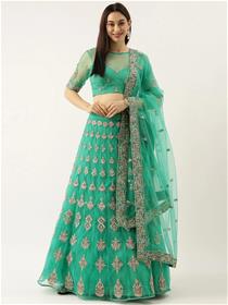 Women embroidered mirror work unstitched lehnga & blouse with dupatta(sea green)