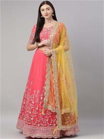 Lehenga for women embroidered mirror work semi-stiched lehnga &unstitched lehnga & blouse with dupatta(rust,yellow)