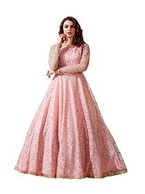 Gown for women pink color net fabric metallic foil work  (a)