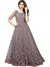 Gown for women self design, embroidered net semi stitched anarkaligown(grey)(f)