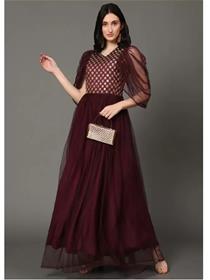 Gown for women embroidered net stitched flared/a-line gown  (maroon)  (f)