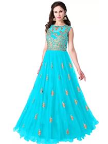 Gown for women embroidered net semi stitched anarkali gown (light blue,gold) (f)