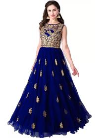 Gown for women embroidered net semi stitched anarkali gown  (dark blue, gold)(f)