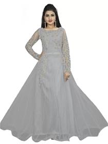 Gown for women embroidered net semi stitched flared/a-line gown  (grey) (f)