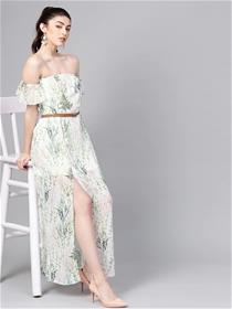Off White & Green Floral Printed Maxi Dress,Fancy,Designer & Party Wear One Piece Dress (M)