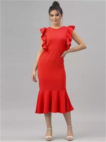 Women ruffled red dress,fancy,designer,party wear one piece dress (f)