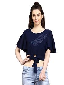 Top for women western solid georgette round neck top (a)