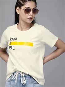 Women cream-coloured printed round neck pure cotton t shirt