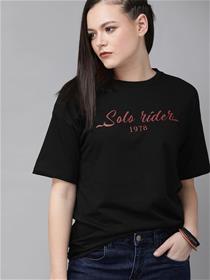 T- shirt for  women black printed roun neck pure cotton